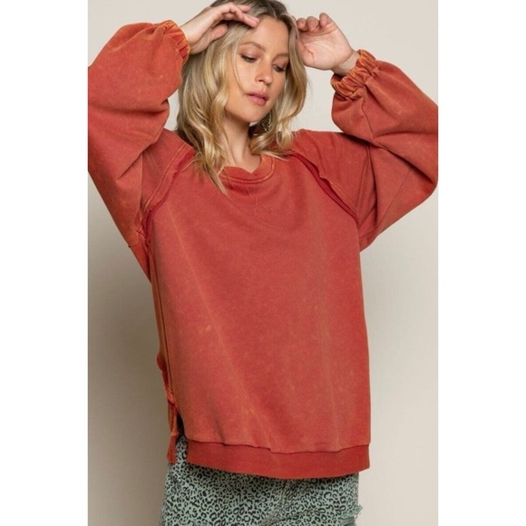 POL Rusted Orange Criss Cross Back Slouchy French Terry Pullover - Picture 9 of 12